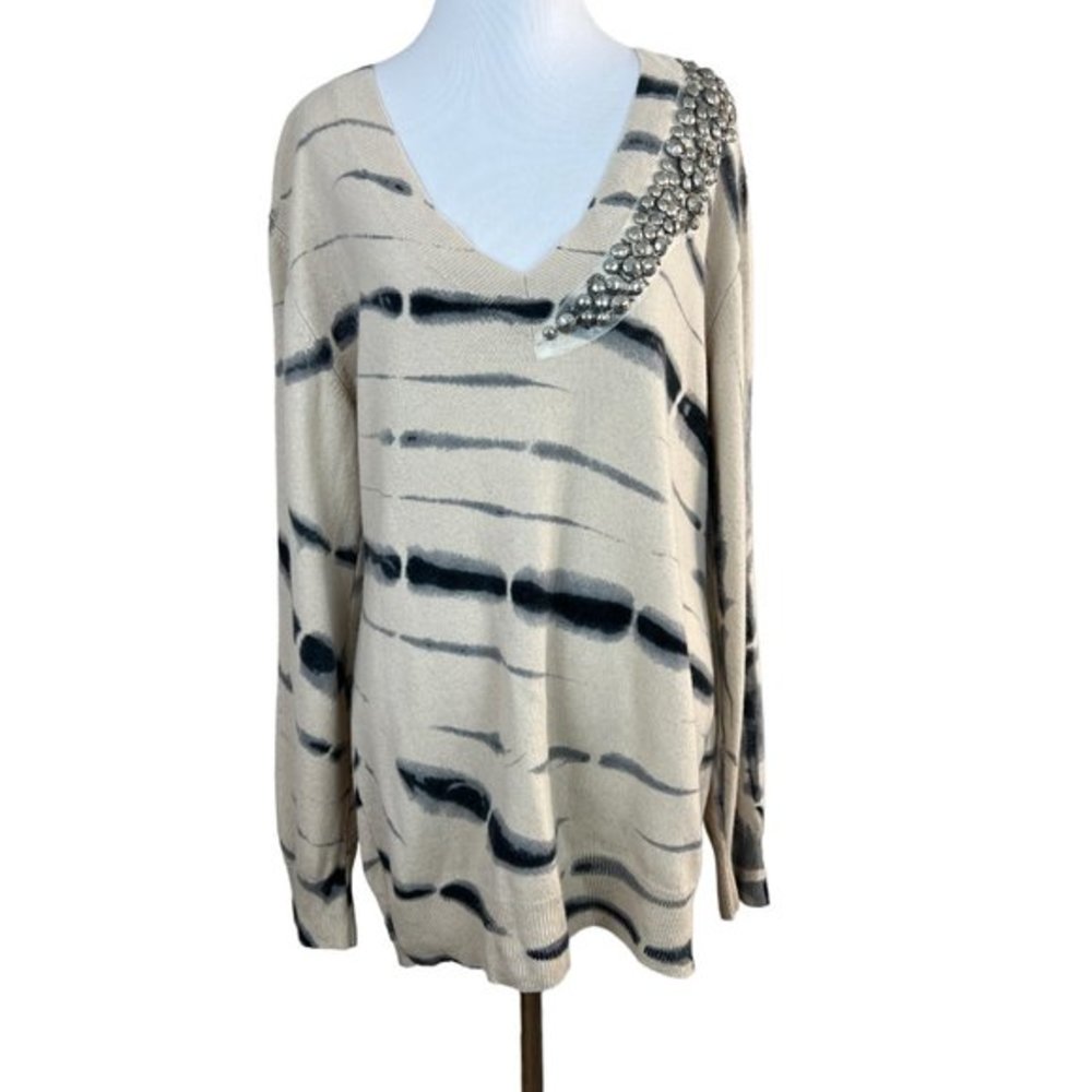 Torn By Ronny Kobo Tunic Sweater M 100% Cashmere Tie Dye Bead Embellishe…